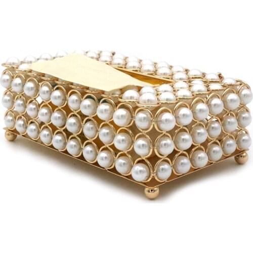 Pearl carton classic gilded handmade tissue box crystal gold transparent living room storage carton inlaid with white pearl