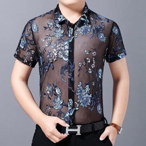 Summer New 2020 Short Sleeve Sexy Transparent Shirt Men Camisa Social Masculina Flower Print Velvet Shirt Club Chemise Homme