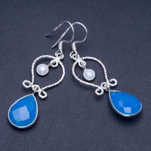 Natural Chalcedony and River Pearl 925 Sterling Silver Earrings 2" Q1586