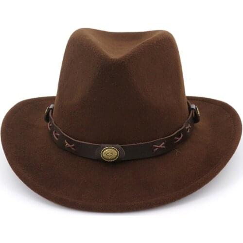 European US Men Women Wool Felt Fedoras with Belt Western Cowboy Formal Hat Wide Brim Trilby Hats Ladies Gentlemen Hat GH-829