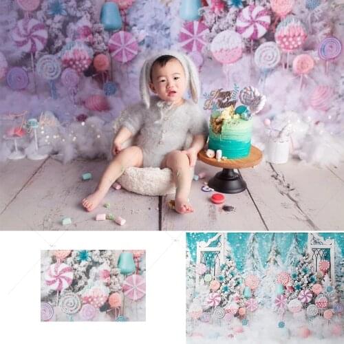 Sweet Candy Wonderland Backdrop for Photography Newborn Cake Smash Portrait Background Winter Snow Pine Christmas Decoration