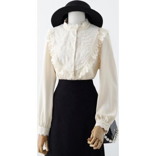 Vintage Lace Women Shirts Summer New 2021 Patchwork Flare Sleeved Loose Solid Office Lady Elegant Outwear Tops