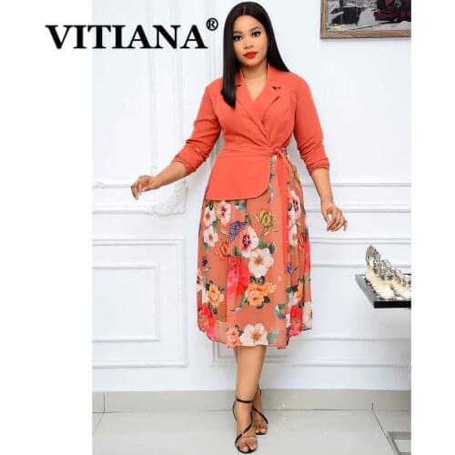 VITIANA Women Orange Office Dress SPring 2021 Female Long Sleeve Flower A-Line OL Dresses Femme Africa Party Vestidos