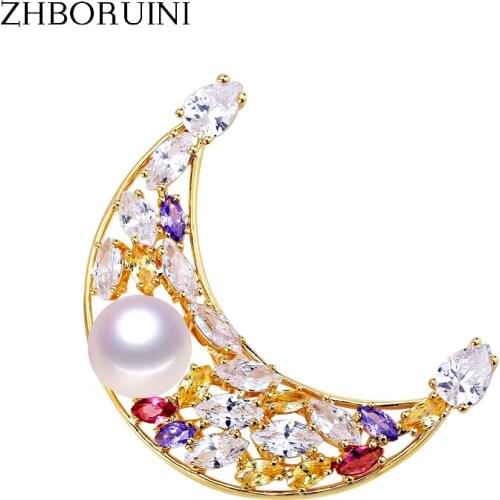 ZHBORUINI Fine Jewelry High Quality Natural Freshwater Pearl Brooch Moon Brooch Pins Pearl Jewelry Women Corsage Accessories