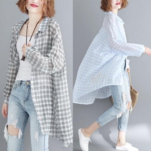 Loose Women Blouse and Shirts Plaid Casual Holiday Vacation Sun-proof Long Shirts Female Outwear Coat Tops