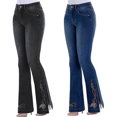 Women Vintage Side Slit Flare Jeans Elastic Denim Pants Bell Bottoms Trousers Streetwear pants Womens Clothing брюки женские