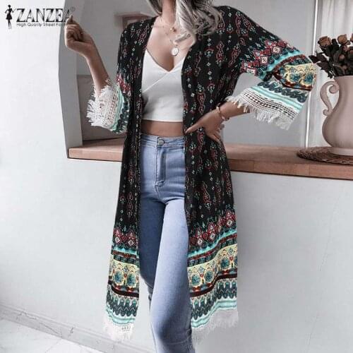 ZANZEA Women Bohemian Floral Printed Cardigan Summer Beach Cover Up Kimono Vintage Blouse Tunic Robe Casual Open Front Long Tops