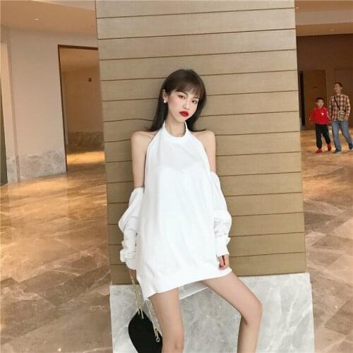 Spring Punk White black For Women Sexy Off Shoulder Backless Long Length Zipper Loose Clothing Female Fashion Pullover New