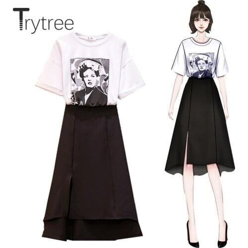 Trytree 2020 Summer Women Two Piece Set Casual O-neck Loose T-shirt Tops + Skirt A-line Solid Irregular Split hem 2 Piece Set