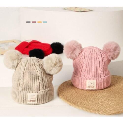 Winter Knitted Baby Hat Double Pompoms Boy Girl Kids Crochet Beanies Thick Lined Children Bonnet Hats Baby Accessories 6-36M