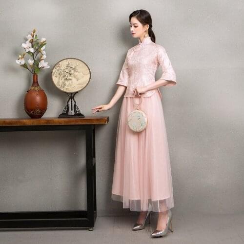 2pcs/set autumn Sping A-line Buckle Collar Waist Was Thin Vintage Embroidery Half Sleeve Elegant Pink Bridesmaid Dresses