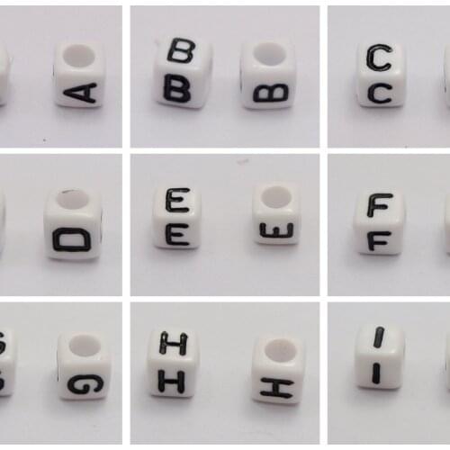 250 White with Black Alphabet Letter "A-Z" Acrylic Cube Beads 6X6mm Pony Beads