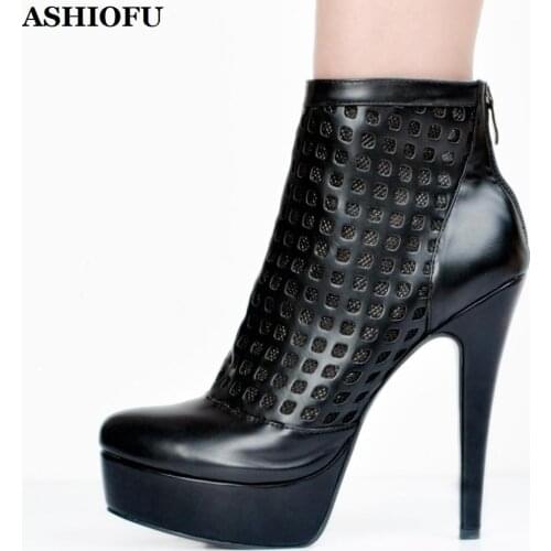 ASHIOFU Handmade Real Photos Womens High Heel Boots Sexy Platform Party Prom Dress Ankle Boots Large Size Evening Fashion Boots