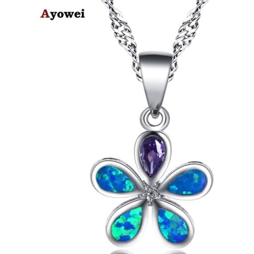 Ayowei Lovely and romantic flowers for lover Blue Fire Opal Purple Zircon Silver Pendant Necklaces Fashion Jewelry OP796A