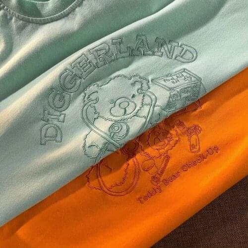 2 Colors Retro Bear Embroidery T Shirts Women Pure Cotton Plus Size Tops for Teens Clothes Goth Fashion Korean Japanese Harajuku