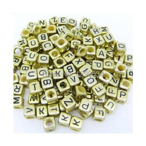 Hot Sale 500pcs/lot 6*6mm Random Mixed Gold Color Cube Acrylic Letter Beads For Jewelry Making Charm DIY Beads Free Shipping