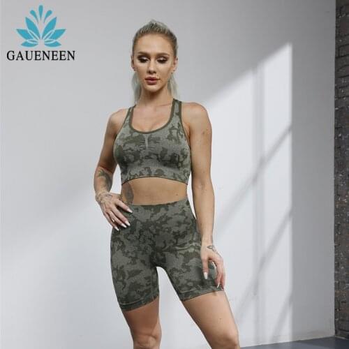 GAUENEEN Camo Yoga Set Women Sportswear Fitness Suit Gym Clothing Sport Bra Seamless Camouflage Shorts Set Workout Clothes