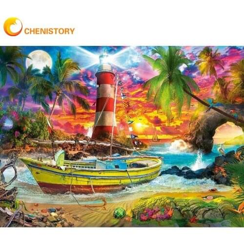 CHENISTORY Oil Painting Landscape Drawing On Canvas Handpainted Art Gift Diy Picture By Number Sailing Boat Scenery Kits Home De