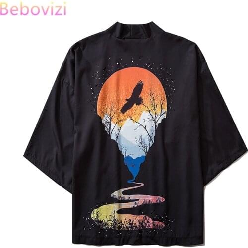 S- XXL Red Sun Crane Fashion Kimono Cardigan Yukata Obi Men Asian Clothes Harajuku Japanese Women Tops and Blouses