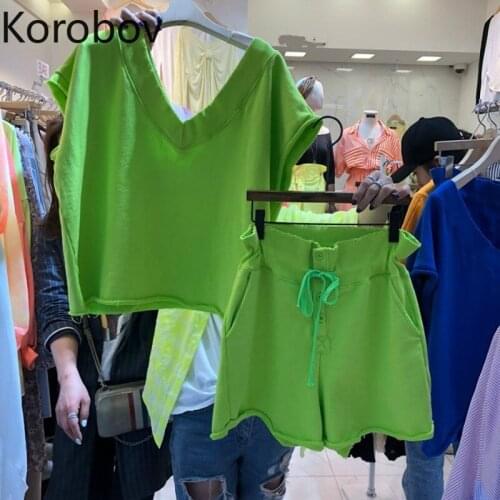Korobov 2020 Summer Casual Solid Women Two Piece Sets Vintage V Neck Short Sleeve Crop Top and High Waist Shorts 2a480
