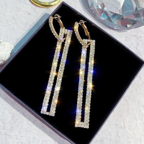 Fashion geometric drop earrings long luxury gold silver color rectangle rhinestone earring for female party jewelry gift