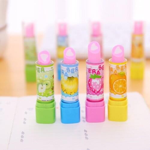 Cartoon Lipstick Fruit Pattern Pencil Eraser with Storage Egg,Rubber Novelty Kids Student Learning Office New Stationery