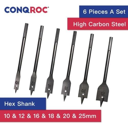 6 Pieces Wood Flat Drill Bit Set 10mm~25mm Hex Shank High Carbon Steel Woodworking Spade Drill Bits Kit