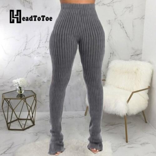 Solid High Waist Slit Botton Stretchy Knitted Pants Women Casual Skinny Long Pants