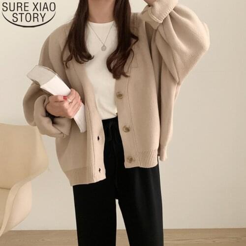 Autumn Winter 2021 Korean Tops Oversized Knitted Cardigans Women Harajuku khaki Sweater Casual Vintage Black Warm Coat 16750