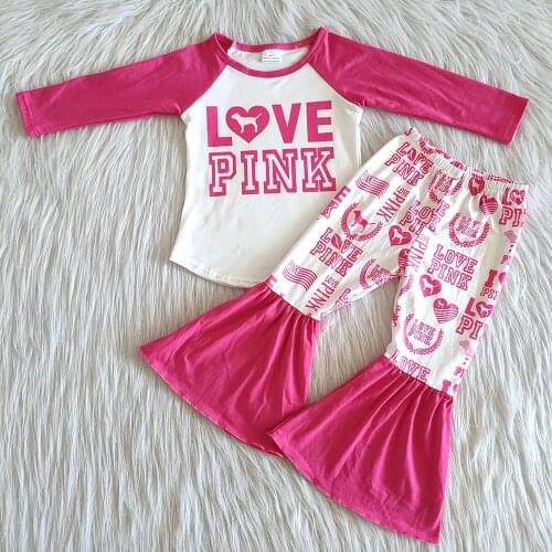 Fall kids boutique clothing set girl long sleeve shirt and bell pants 2 pieces set baby girls letters outfit