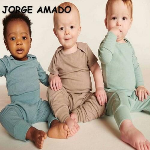 2021 New Autumn Kids Girls Boys Pajamas Sets Long Sleeves Waffle Cotton Bodysuit + High Waist Pants Toddler Casual Clothes E1411