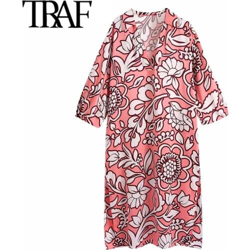 TRAF Women Fashion Floral Print Side Slit Midi Dress Vintage V Neck Three Quarter Sleeve Female Dresses Vestidos
