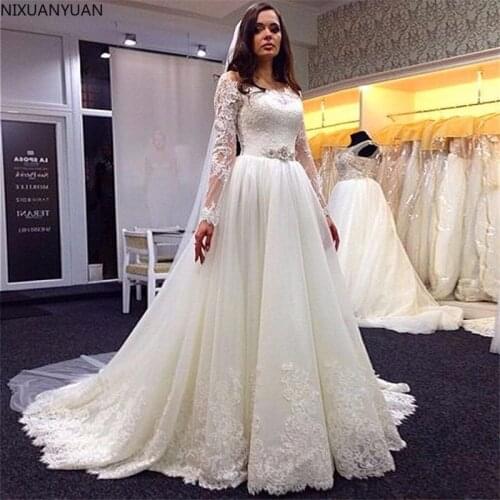 A Line Vestido De Noiva Scoop Appliques White Bride Dress Long Sleeve Lace Wedding Dresses with Beaded Sash Wedding Gowns
