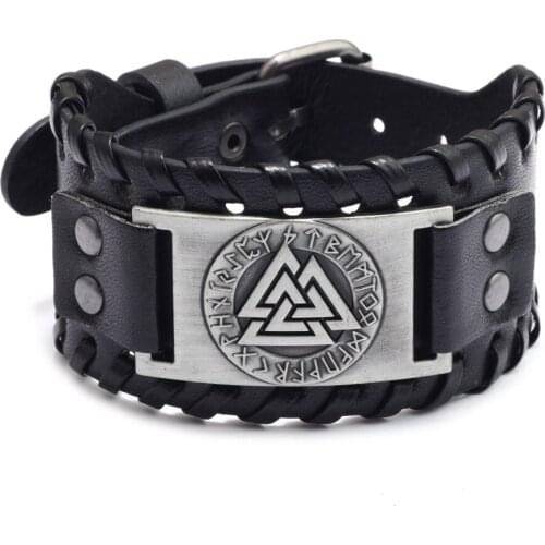 QIMING Nordic Viking Bracelet Bangle For Men Women Slavic Rune Triangle Charm Bracelets Pu Leather Boyfriend Gift