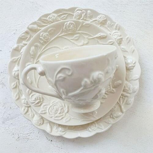 Relief Flowers Ceramics Plate Dining Table Main Course Afternoon Tea Dessert Coffee Saucer Fruit Salad Plates Kitchen Tableware