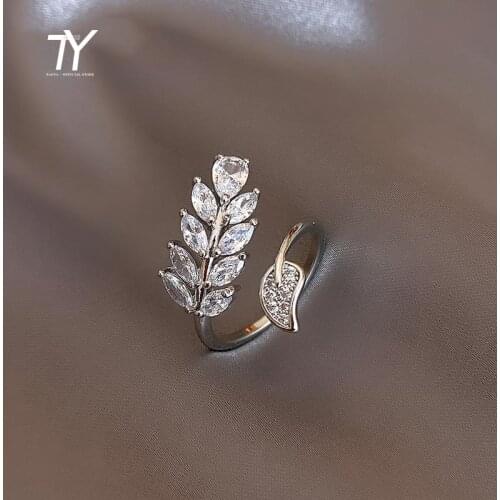 Luxurious Silvery Zircon Leaf Shaped Opening Rings For Woman Unusual Accessories For Korean Fashion Jewelry Party Girls Rings