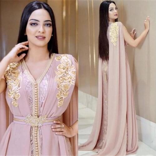 Платье New Blush Pink Beaded Muslim Long Evening Dresses Luxury Dubai Moroccan Kaftan Dress Chiffon V Neck Formal Gown Evening