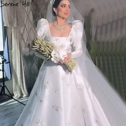 Serene Hill Muslim Ivory Satin Wedding Gowns 2021 Puffy Sleeves Beading Bridal Dresses HA2498 Custom Made