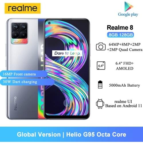 Realme 8 Android 11 Cellphones 6.4 inch FHD+ AMOLED Helio G95 Octa Core 64MP Quad Cameras 5000mAh 6GB RAM 128GB ROM Smartphones