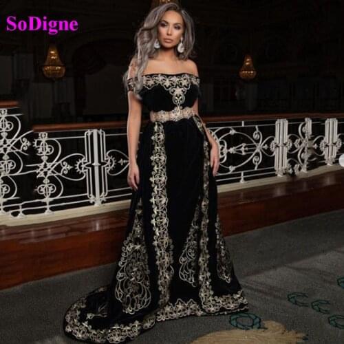 SoDigne Moroccan Caftan Dresses Evening Dress Embroidery Lace Appliques Formal Women Dress Velvet Prom Gown