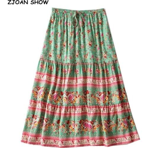 Bohemia Spliced Ruched Pleated Floral Print Women Skirt Hippie Adjust Stream Elastic Waist Swing Skirts Holiday Beach