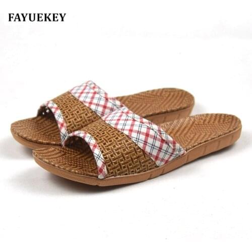 FAYUEKEY 2018 New Summer Fashion Home Linen Breathable Plaid Slippers Women Indoor Floor Beach Slides Girls Gift Flat Shoes