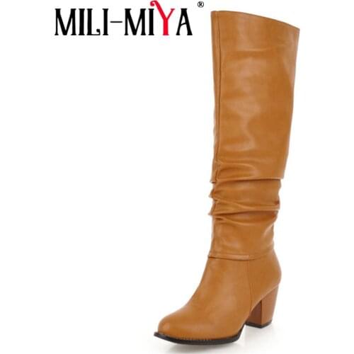 MILI-MIYA 2019 new arrival women boots knee-high PU leather square heels riding equestrian pleated waterproof plus size 34-48