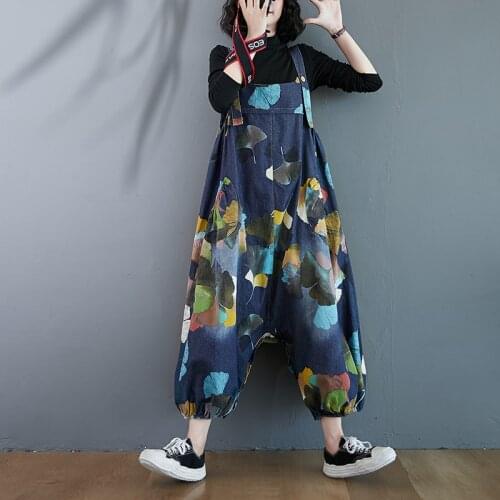 Vintage Art Leaves Printing Women Overalls Denim Loose Pants Casual Boyfriend Jeans Jumpsuits Low Crotched Autumn Rompers 2020