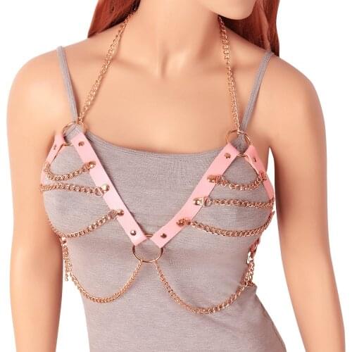 Gothic Sexy Women Handmade Leather Chest Harness Bra Body Chain Hanging Neck Hollow Crop Tops Bondage Garter Belt Bdsm Lingerie
