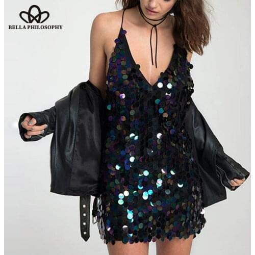Bella Philosophy Sexy Backless Sequined Dresses Vintage Ladies Bandage Bodycon Sleeveless Party Cocktail Club Short Shirt Dress