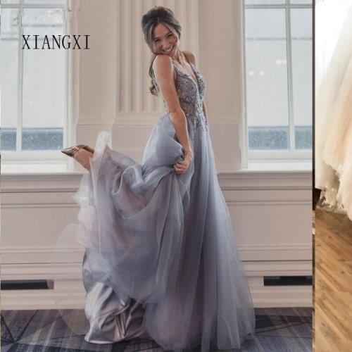 Robe de soiree Silver Long Evening Dress 2020 Tulle A-Line V-Neck Hand-Beaded Prom Party Dress Formal Gowns Vestido de festa lon