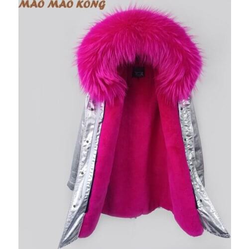 2021 New fashion Winter silver color faux fur coat long Women Jackets Real Large Raccoon Fur Collar Thick Lady Down Parkas hot