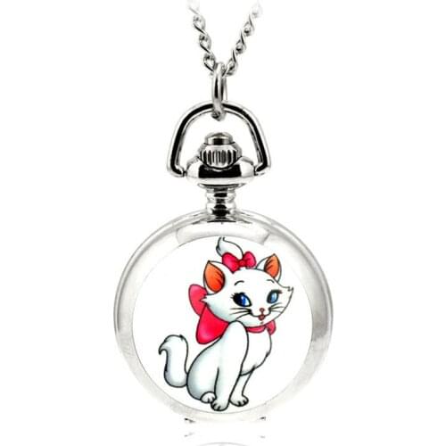80cm Chain Fashion Cute Cat Silver Hollow Quartz Pocket Watch Women Fob Watches Necklace Pendant Sweater Chain Gifts Coupon