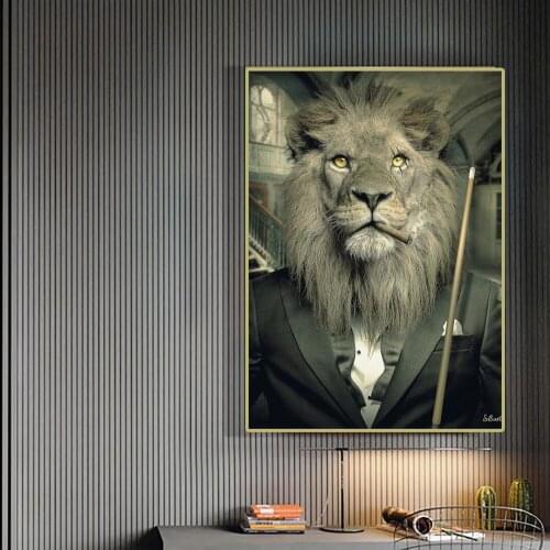 Anthropomorphic Gentleman Lion Smoking Playing Pool Canvas Wall Art Posters and Living Room Decoration